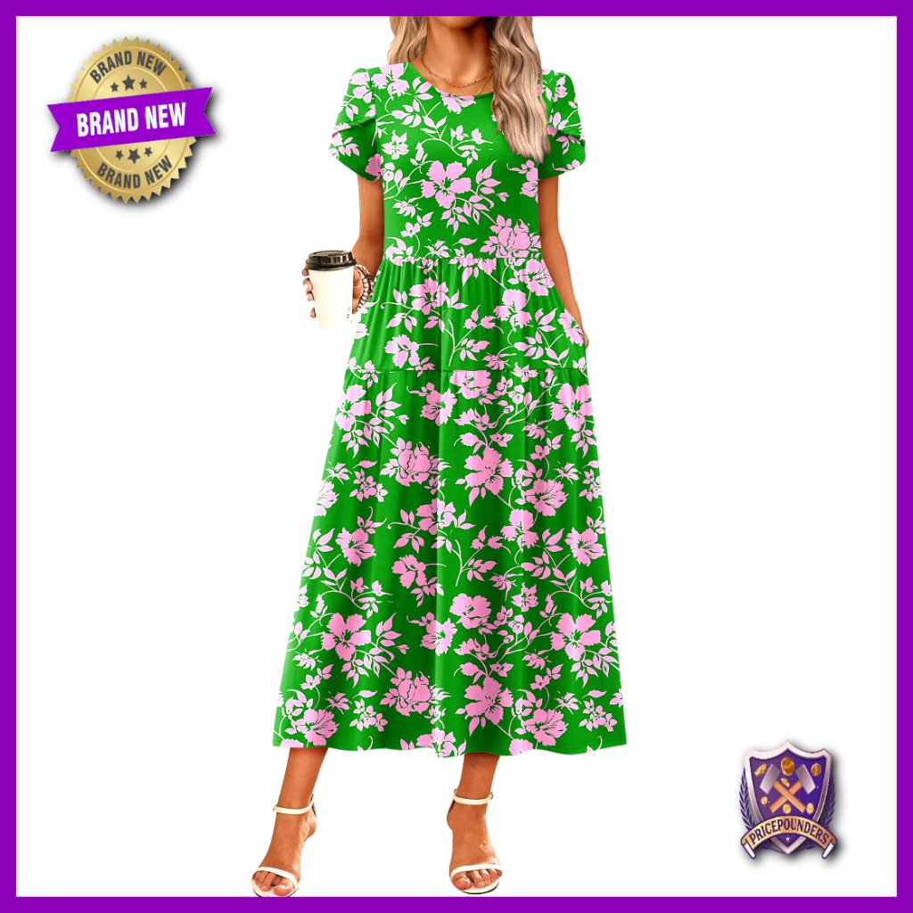 Maxi Dress Floral Bohemian Short Sleeve High Waist A-Line Casual Beach